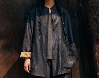 D286---Cracked Mud Silk Oriental Shirt / Overshirt, Gambiered Silk Button-Down Shirt Jacket, Made to Order.