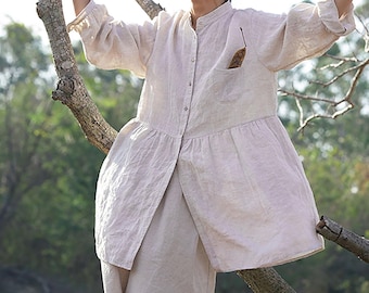 D260---Flx Leinen Bluse / Top / Shirt, mit Rüschen Saum, Vorgewaschenes Leinen Shirt, Leinen Tunika
