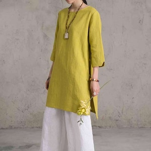 758---Women&#39;s Washed Linen Tunic Dress, Tunic Top, Tee, T-shirt, Plus Size Clothing, Made to Order.