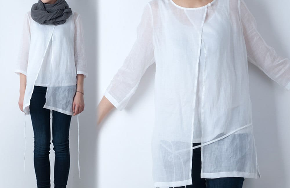 142Ramie Gauze White Blouse 3/4 Length Sleeves Beach Top Etsy