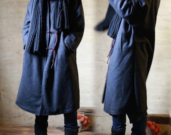 120---Abrigo largo gris de lana hervida para mujer, abrigo de lana de gran tamaño con botones de rana chinos en contraste hechos a mano, bouclé bohemio, estilo acogedor.
