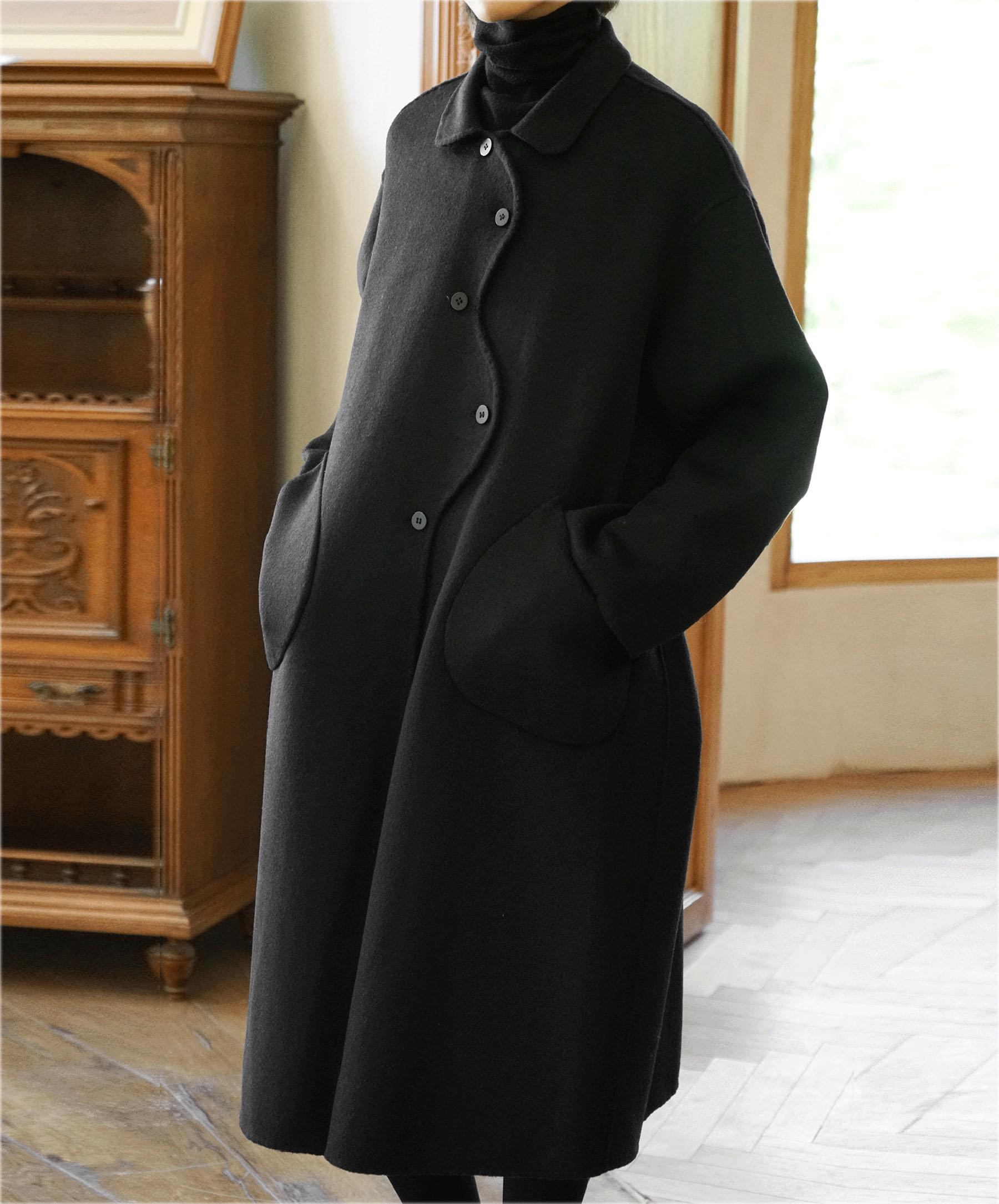 W167---women's Black Wool Coat With Crossed Wavy Placket, Made to