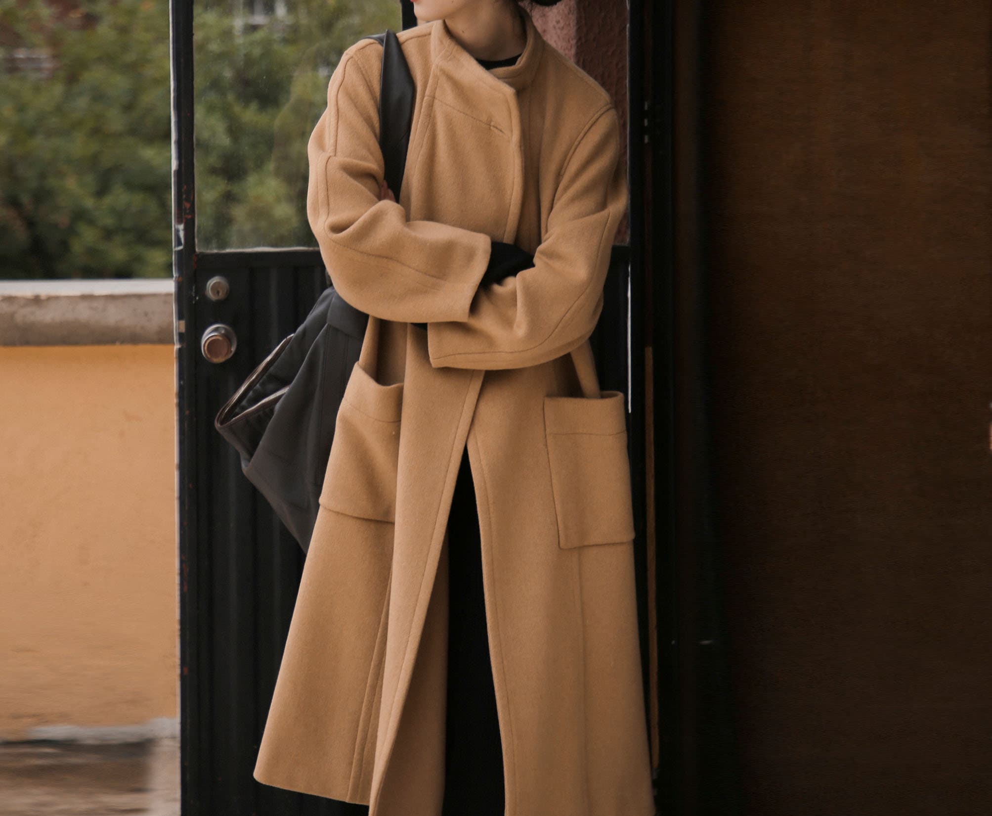 W009---women's Wool High Neck Collar Trapeze Coat, Vintage