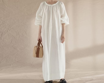 W131---White Gathered Long Linen Dress, 100% Premium Tumbled Linen Washed, Two-way Flax Dress, Maternity Dress, Plus Size, Over Size Dress