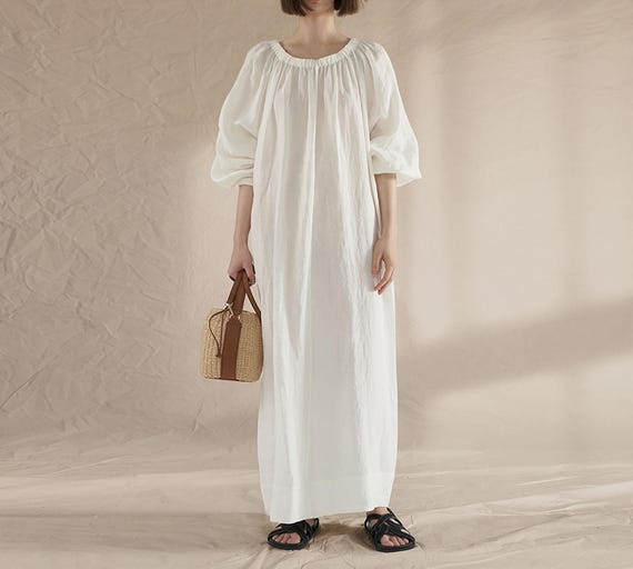 W131---White Gathered Long Linen Dress, 100% Premium Tumbled Linen Washed, Two-Way Flax Dress, Maternity Dress, Plus size, Over Size Dress