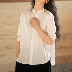 E111---Stretch Silk Satin Chinese Blouse in Ivory White, Silk Charmeuse Long Sleeve Shirt, Silk Top, Made to Order.