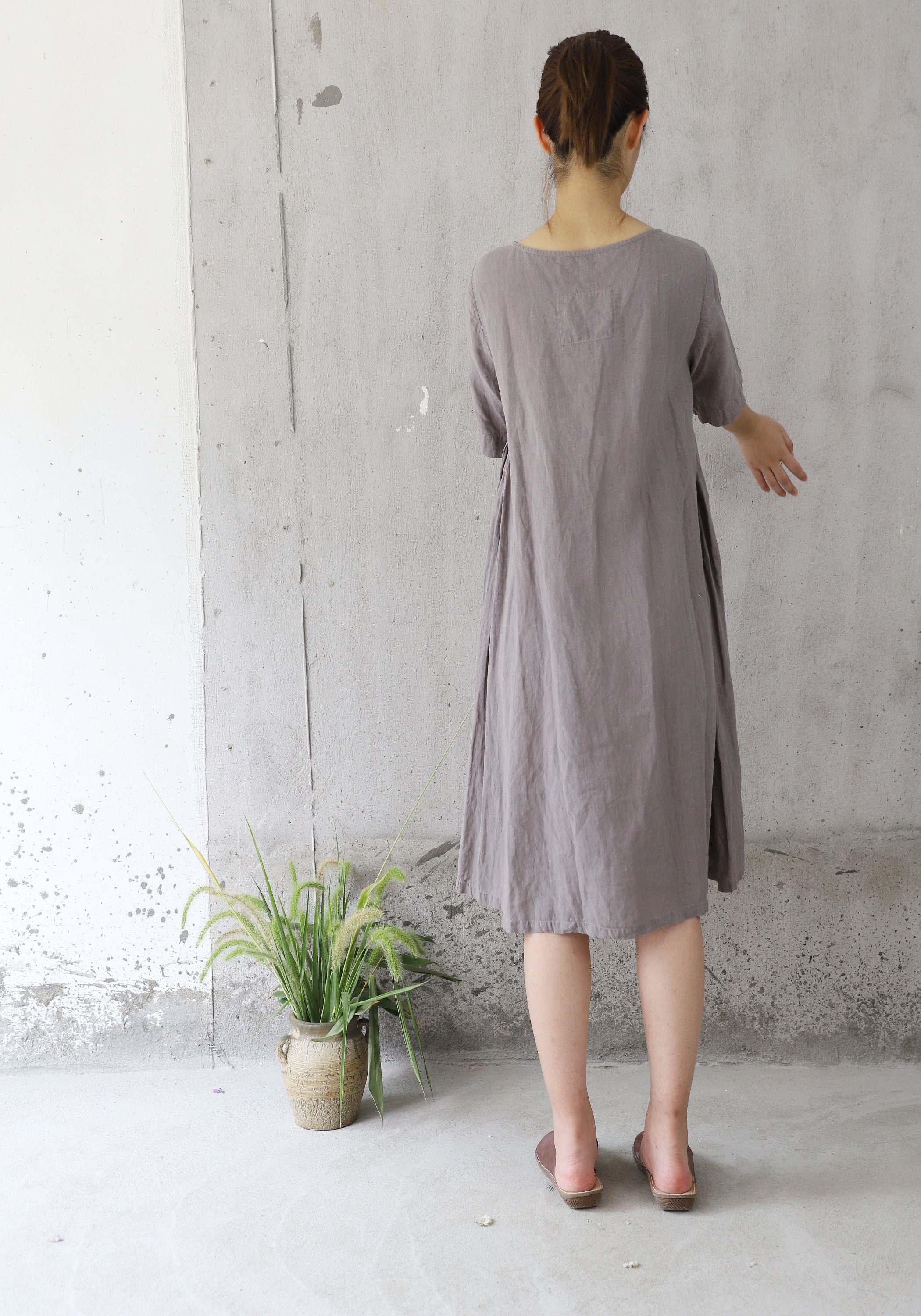 Z144---washed Linen Dress, Rock Gray A-line / Trapeze Dress