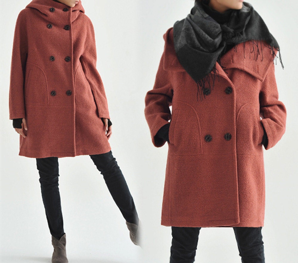 107---hooded Women's Double Breasted Wool Boiucle Cocoon Coat