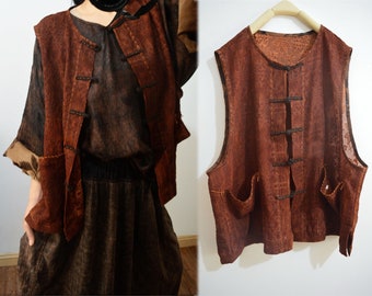 X100---Embroidered Dioscorea Dyed Silk Crinkle Crepe Chinese Vest, Gambiered Silk Gilet, Made to Order.