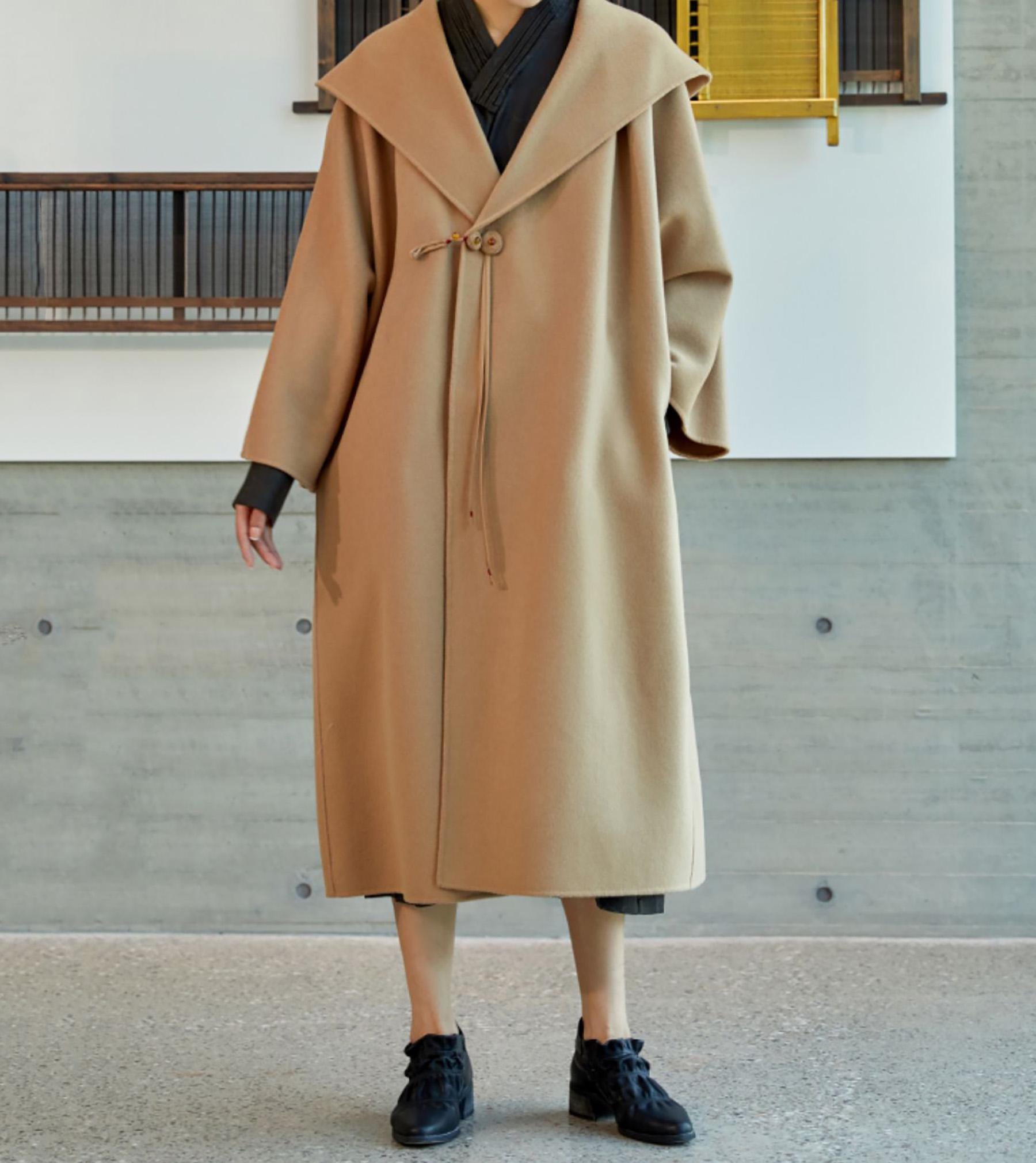 H205---women's Double Faced Wool Hooded Coat in Camel, Hand