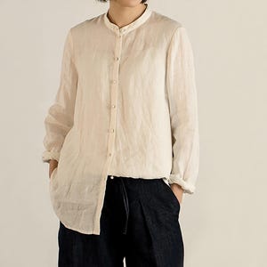 A118---Linen Mandarin Shirt, Women&#39;s Stand Collar Off White Loose Linen Top, Classic Work Shirt, Washed French Linen, Cheongsam, Plus Size.