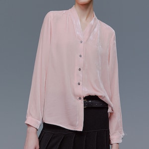 W078---Spring Blouse, Silk Velvet Shirt in Light Pink, Made to Order.