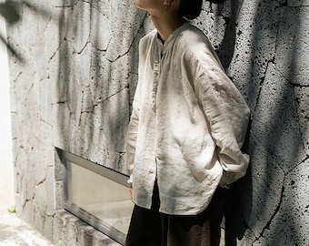 D327---Flax Linen Ruffled Blouse, Eco-friendly Linen Shirt, Linen Long Sleeve Shirt, Made to Order