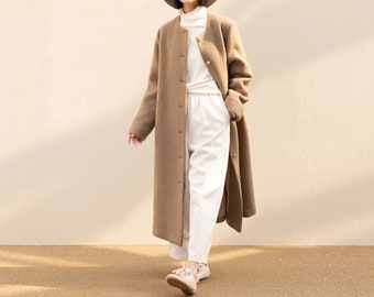 J058---Women's Winter Boiled Wool A-line Long Coat in Camel, Felt Wool Coat, Made to Order.