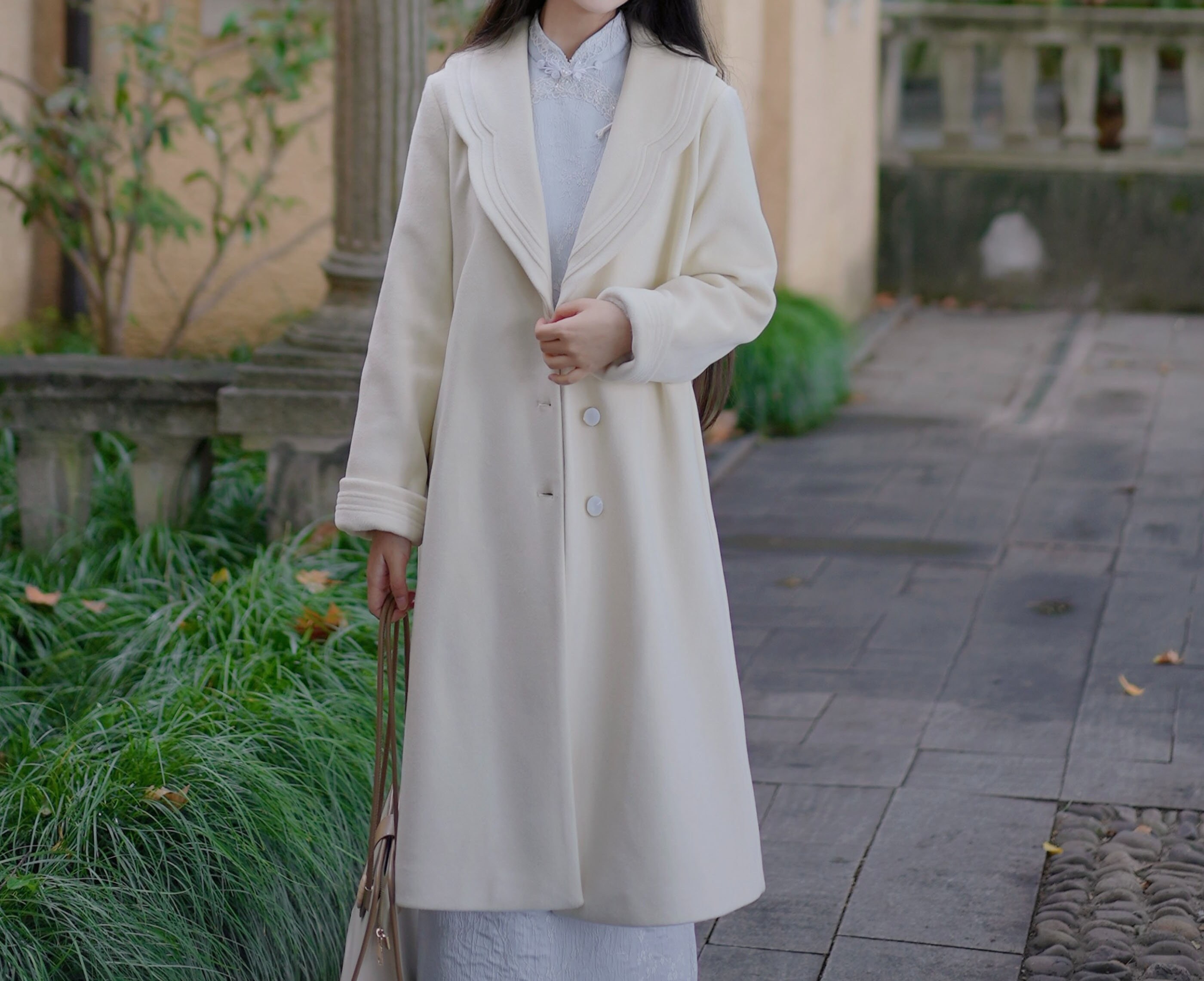 H*n様 outil MANTEAU VOLVIC / リネン シルク ヘリンボ W112---women's Wool Vinitage Victorian Coat, Ivory White Long