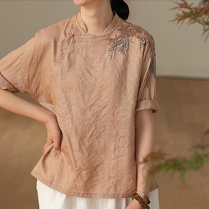 E119---Tussah Silk Hand Embroidery Chinese Blouse, Tussah Wild Qipao Top,  Eco-friendly Dupioni Tussah Silk Cheongsam Top, Made to Order.