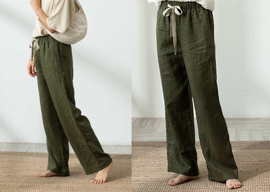 D044Moss Green Wideleg Linen Pants / Trousers Made to Etsy