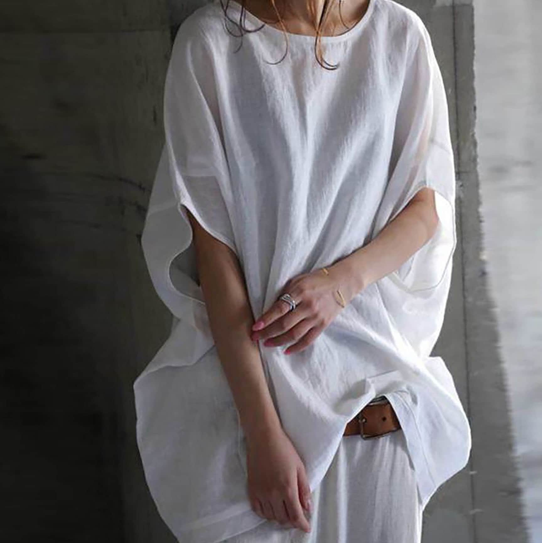 W109---Women's Oversized Linen Blouse, Minimalist Linen Top, Whtie Linen Summer Shirt, One Size Fits Many.