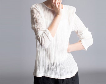 A058---Women's Crinkled Linen Top (Excluding Inner Slip), Sexy Simplicity Spring /Summer Tee,  Long Sleeve T-shirt, White Tunic Top, Blouse.