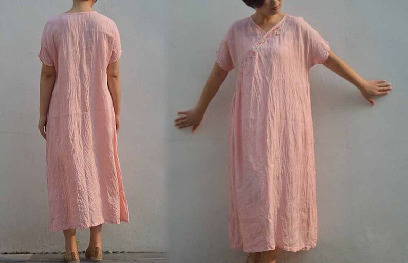 495Orange Pink Yarn Dyed Linen Dress with Hand Embroidery Etsy