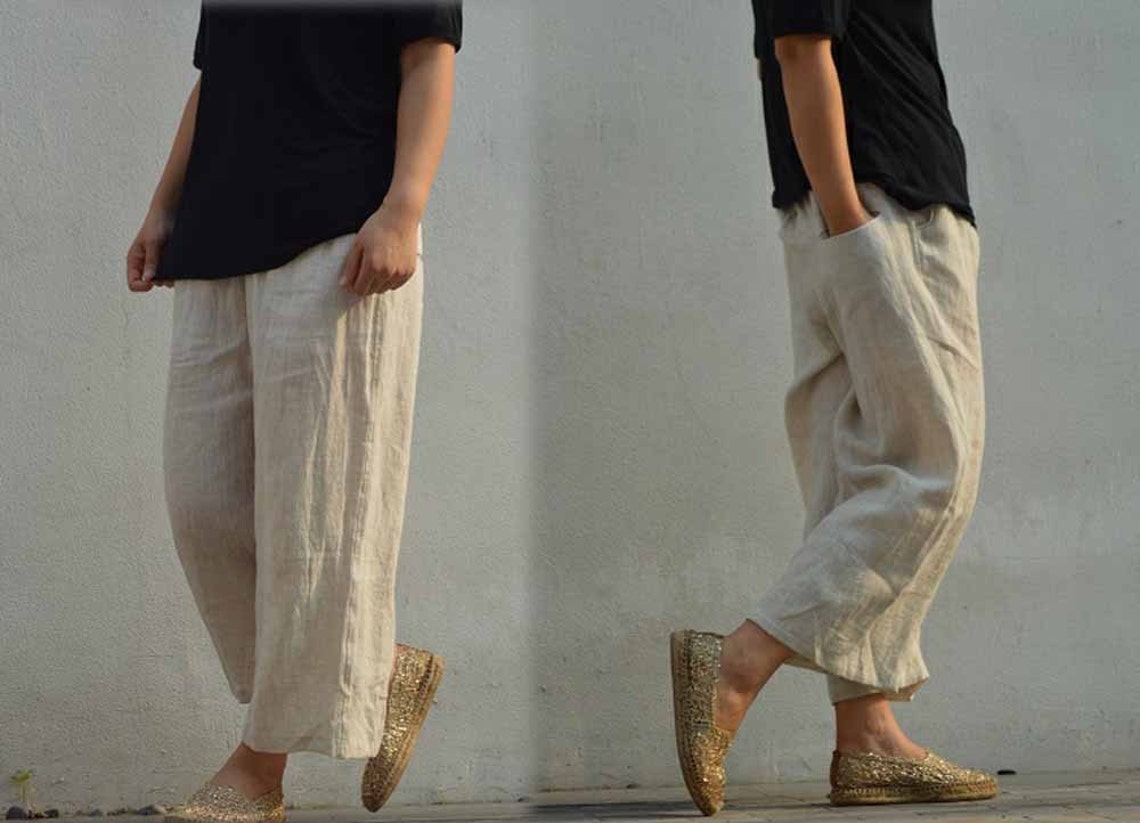 498loose Fitting Washed Linen Cropped Wide Leg Pants Flax - Etsy