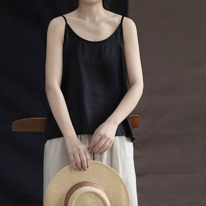 P066---Black Pure Silk Satin Cami Top, Silk Charmeuse Slip Top, Spaghetti Top, Made to Order.