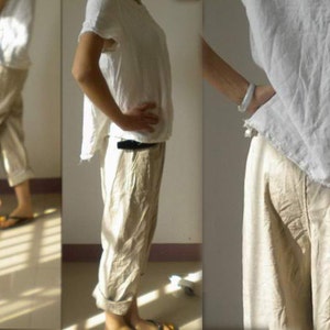 028Slightly Tapered Boyfriend French Linen pants Excluding the belt, Relaxed, Slouchy Fit , Loose Linen Pants / Women Linen Trousers. image 3