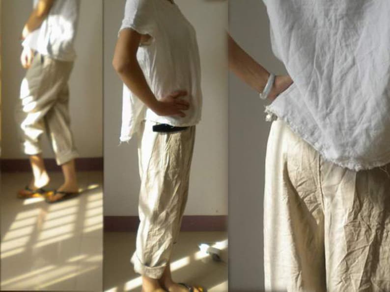 028Slightly Tapered Boyfriend French Linen pants Excluding the belt, Relaxed, Slouchy Fit , Loose Linen Pants / Women Linen Trousers. image 3