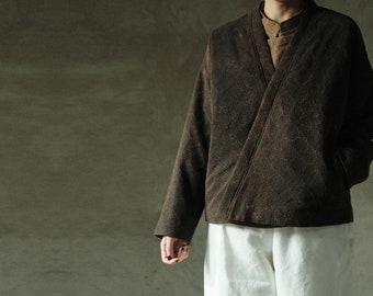 N095---Mud Tussah Silk Jacquard Padded Hanfu Jacket, Kimono Coat,  Made to Order.