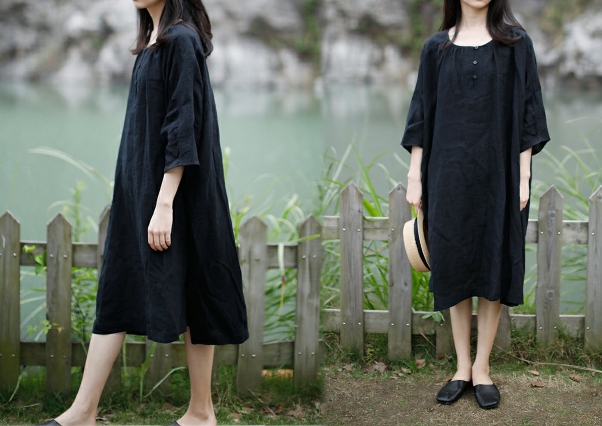 I002---women's Linen Tunic Dress in Black, 3/4 Sleeves A I002---women's Linen Tunic Dress in Black, 3/4 Sleeves A