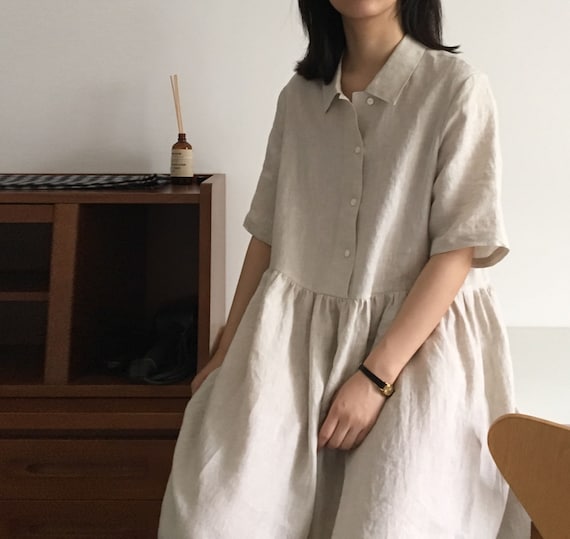 V012--- Flax Linen Half Sleeve Field Dress, Linen Low Waist Shirtdress / Shirt Dress, Linen One Piece Dress, Maternity, Made to Order. V012--- Flax Linen Half Sleeve Field Dress, Linen Low Waist Shirtdress / Shirt Dress, Linen One Piece Dress, Maternity, Made to Order.
