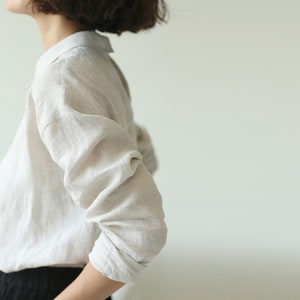 F015Washed Linen Top / Tee / Blouse, White Long Sleeves Linen Shirt, Made to Order. image 3