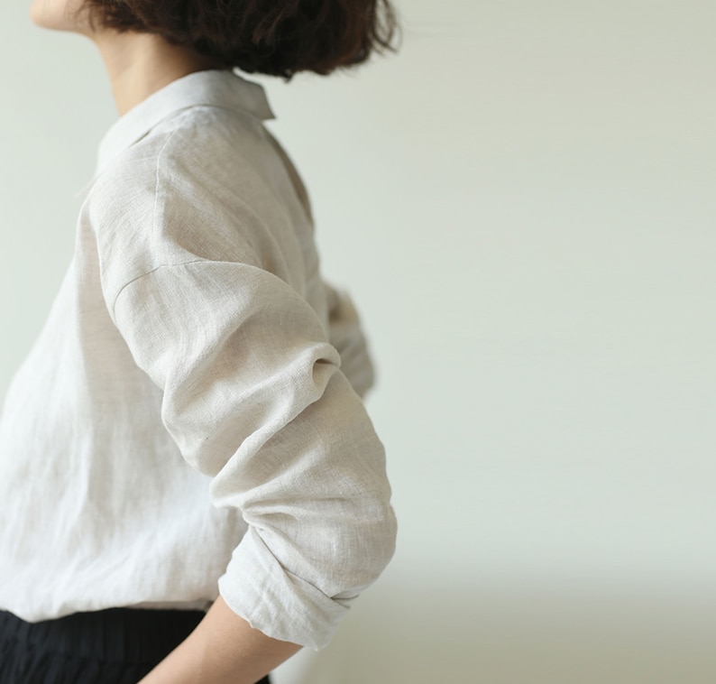 F015Washed Linen Top / Tee / Blouse, White Long Sleeves Linen Shirt, Made to Order. image 3