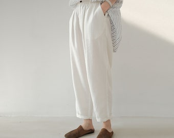 W098---White Linen Tapered Pants / Linen Boyfriend Pants, Women Linen Trousers, Elegant, Classic, High Waist Trousers with Pockets