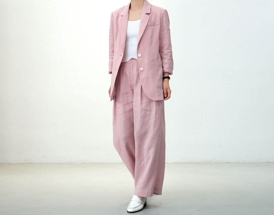 Pink Linen Blend Wide Leg Pants With Side Tie Waist For Summer Lightweight Casual Trousers