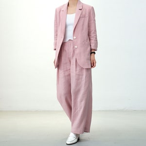 W107--Pink Wide Leg Linen Pants with Pockets, High Waisted Pants for Women, Loose Pleated Linen Trousers,Linen Suit Pants, Made to Order