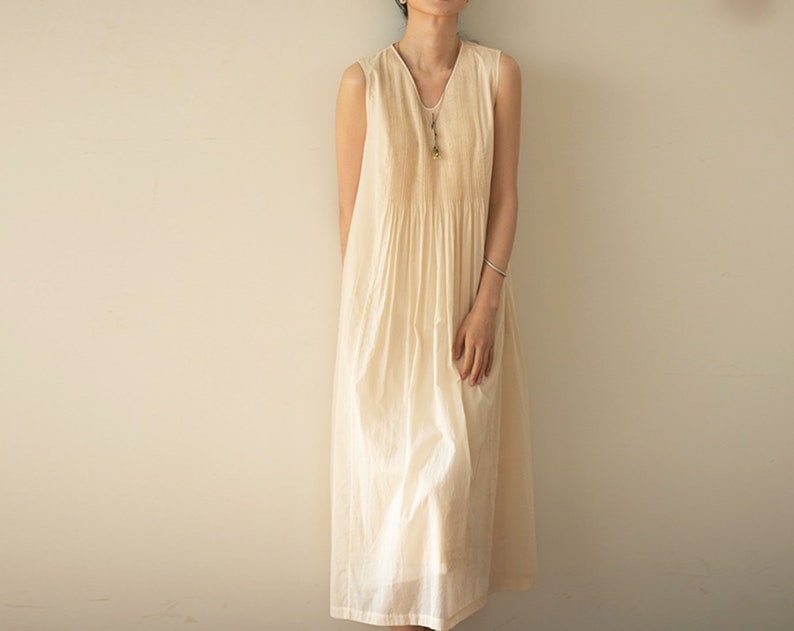 E104Women's High Count 100S Cotton Pintucked Sleeveless Dress / Tank Dress in Cream White, Made to Order. image 5