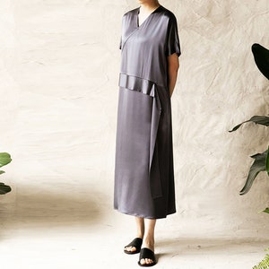 J037---Gray Heavy Weight Pure Silk Charmeuse V-neck Dress, Made to Order.