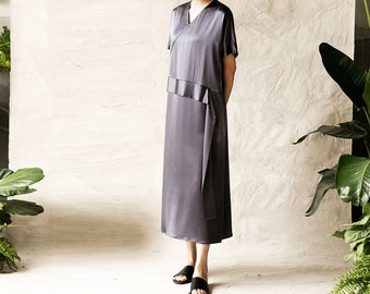 J037---Gray Heavy Weight Pure Silk Charmeuse V-neck Dress, Made to Order.