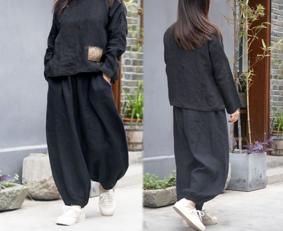 chieko+ パンツ　rich linen lantern pants W045---linen Lantern Pants in Black Color, Meditation Outfit, Yoga