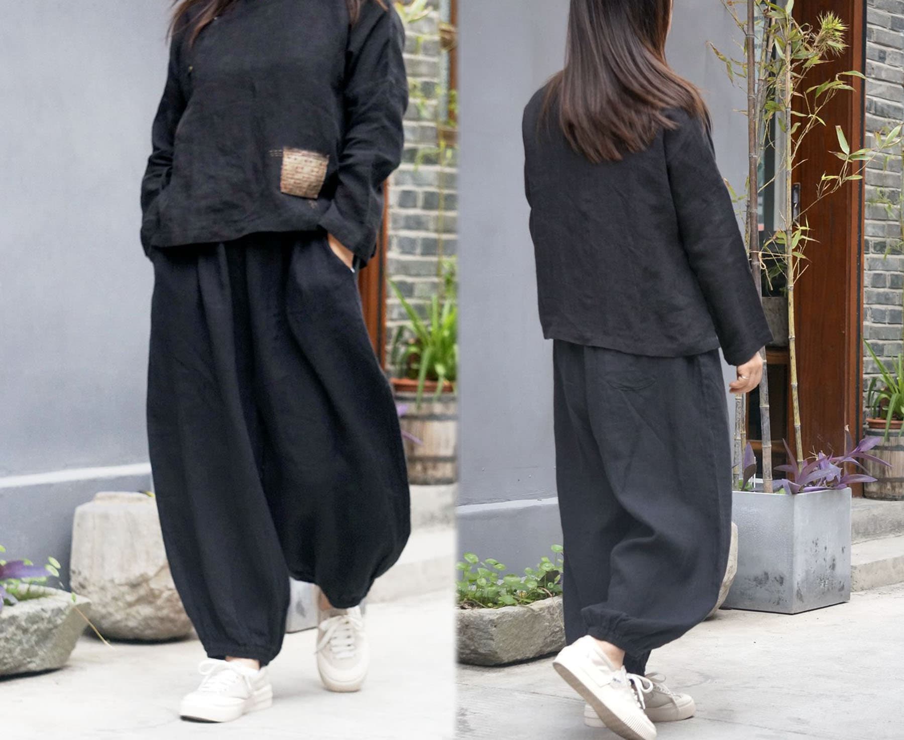 W045---linen Lantern Pants in Black Color, Meditation Outfit, Yoga