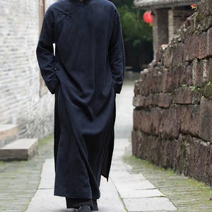 L031---Men&#39;s Ramie Cheongsam, Changshan in Navy Blue, Kung Fu Suit, Wedding Tang Suit, Gift for Dad, Made to measure.