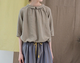 G037---Revesible Yarn Dyed French Linen Peterpan Collar Blouse with Gather Neck, Half Sleeves Linen Trapeze Top, Made to Order.