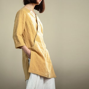 P056---Women&#39;s Washed French Linen Qipao Top / Tunic Top, Modified Cheongsam Tee, Yellow Linen T-shirt, Plus Size Clothing, Made to Order.