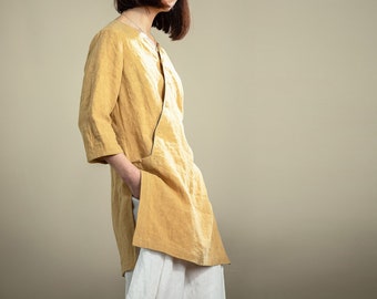 P056---Women's Washed French Linen Qipao Top / Tunic Top, Modified Cheongsam Tee, Yellow Linen T-shirt, Plus Size Clothing, Made to Order.