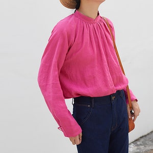 D181---Rosy Pink Washed Linen Victorian Blouse, Linen Stand Collar Shirt, Girl&#39;s Linen Top,  Linen Tee, Linen T-shirt, Made to Order.