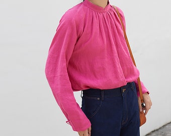 D181---Rosy Pink Washed Linen Victorian Blouse, Linen Stand Collar Shirt, Girl's Linen Top,  Linen Tee, Linen T-shirt, Made to Order.
