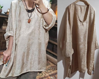 X323---Mulberry Silk Flowery Hualuo Tunic, Silk Jacquard Deep U-Neck Pullover, Over Blouse, Made to Order.