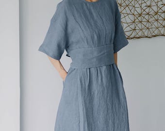 W153---Linen Kaftan Dress with Detachable Belt in Blue, Elegant Short Sleeve Linen Long Dress, Relaxed Linen Pullover Dress,  Made to Order.
