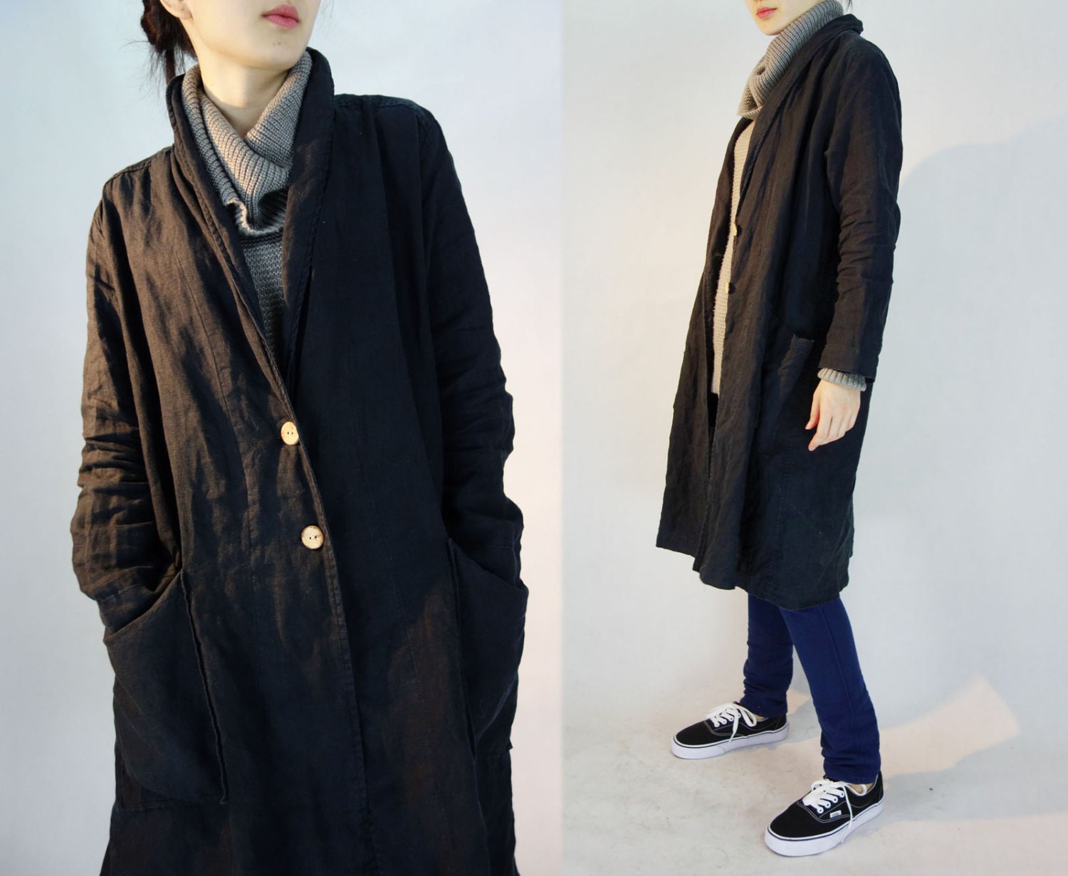 436Black Shawl Collar Washed Linen Trench Coat / Robe Etsy